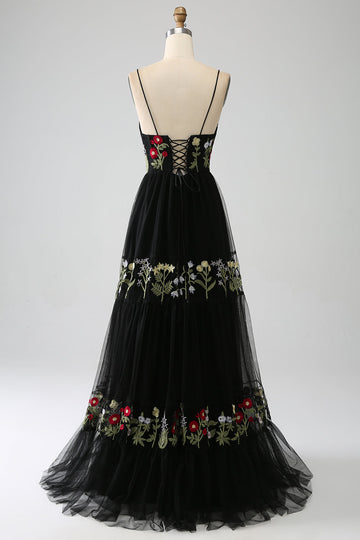 Black A-Line Spaghetti Straps Embroidered Long Corset Ball Dress